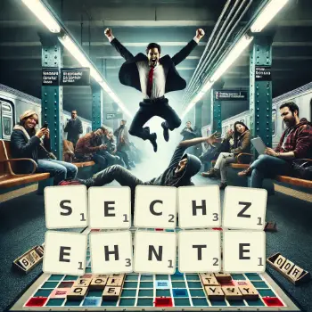 Kreative Illustration für ein Scrabble-Spiel, bei dem das Wort SECHZEHNTE mit Steinen auf dem Brett gelegt wurde.