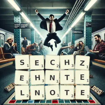 Kreative Illustration für ein Scrabble-Spiel, bei dem das Wort SECHZEHNTELNOTE mit Steinen auf dem Brett gelegt wurde.