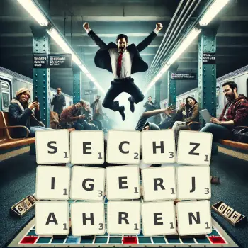 Kreative Illustration für ein Scrabble-Spiel, bei dem das Wort SECHZIGERJAHREN mit Steinen auf dem Brett gelegt wurde.
