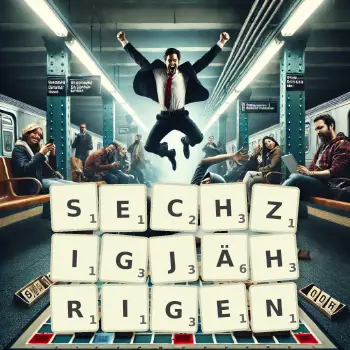 Kreative Illustration für ein Scrabble-Spiel, bei dem das Wort SECHZIGJÄHRIGEN mit Steinen auf dem Brett gelegt wurde.