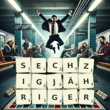 Kreative Illustration für ein Scrabble-Spiel, bei dem das Wort SECHZIGJÄHRIGER mit Steinen auf dem Brett gelegt wurde.