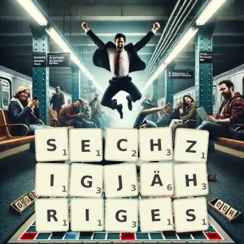 Kreative Illustration für ein Scrabble-Spiel, bei dem das Wort SECHZIGJÄHRIGES mit Steinen auf dem Brett gelegt wurde.