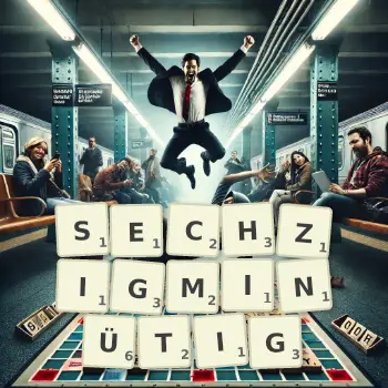 Kreative Illustration für ein Scrabble-Spiel, bei dem das Wort SECHZIGMINÜTIG mit Steinen auf dem Brett gelegt wurde.