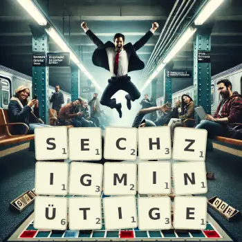Kreative Illustration für ein Scrabble-Spiel, bei dem das Wort SECHZIGMINÜTIGE mit Steinen auf dem Brett gelegt wurde.