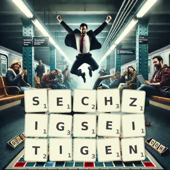 Kreative Illustration für ein Scrabble-Spiel, bei dem das Wort SECHZIGSEITIGEN mit Steinen auf dem Brett gelegt wurde.