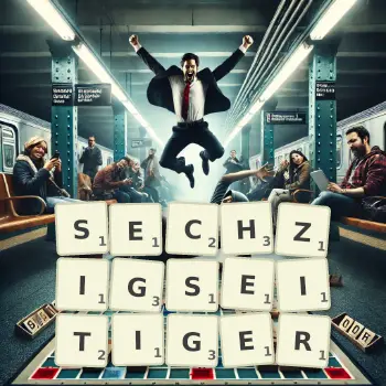 Kreative Illustration für ein Scrabble-Spiel, bei dem das Wort SECHZIGSEITIGER mit Steinen auf dem Brett gelegt wurde.