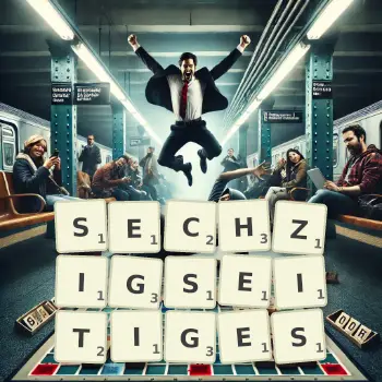 Kreative Illustration für ein Scrabble-Spiel, bei dem das Wort SECHZIGSEITIGES mit Steinen auf dem Brett gelegt wurde.