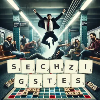 Kreative Illustration für ein Scrabble-Spiel, bei dem das Wort SECHZIGSTES mit Steinen auf dem Brett gelegt wurde.