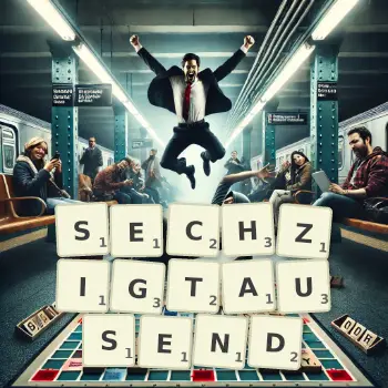 Kreative Illustration für ein Scrabble-Spiel, bei dem das Wort SECHZIGTAUSEND mit Steinen auf dem Brett gelegt wurde.