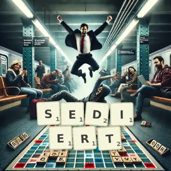 Kreative Illustration für ein Scrabble-Spiel, bei dem das Wort SEDIERT mit Steinen auf dem Brett gelegt wurde.