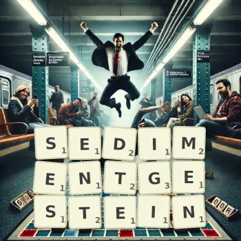 Kreative Illustration für ein Scrabble-Spiel, bei dem das Wort SEDIMENTGESTEIN mit Steinen auf dem Brett gelegt wurde.