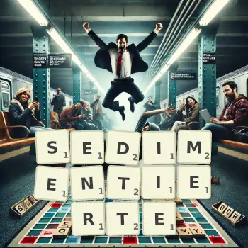 Kreative Illustration für ein Scrabble-Spiel, bei dem das Wort SEDIMENTIERTE mit Steinen auf dem Brett gelegt wurde.