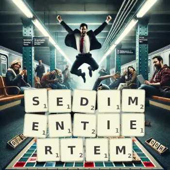 Kreative Illustration für ein Scrabble-Spiel, bei dem das Wort SEDIMENTIERTEM mit Steinen auf dem Brett gelegt wurde.