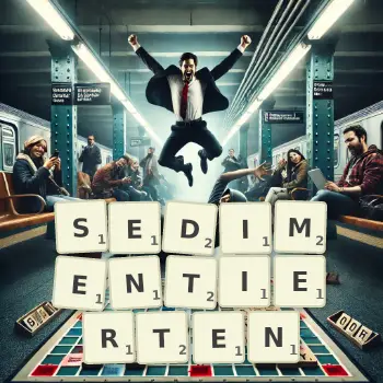 Kreative Illustration für ein Scrabble-Spiel, bei dem das Wort SEDIMENTIERTEN mit Steinen auf dem Brett gelegt wurde.