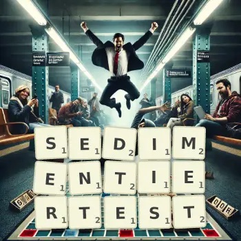 Kreative Illustration für ein Scrabble-Spiel, bei dem das Wort SEDIMENTIERTEST mit Steinen auf dem Brett gelegt wurde.