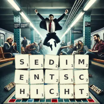 Kreative Illustration für ein Scrabble-Spiel, bei dem das Wort SEDIMENTSCHICHT mit Steinen auf dem Brett gelegt wurde.