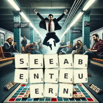 Kreative Illustration für ein Scrabble-Spiel, bei dem das Wort SEEABENTEUERN mit Steinen auf dem Brett gelegt wurde.
