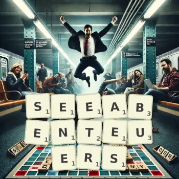 Kreative Illustration für ein Scrabble-Spiel, bei dem das Wort SEEABENTEUERS mit Steinen auf dem Brett gelegt wurde.