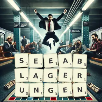 Kreative Illustration für ein Scrabble-Spiel, bei dem das Wort SEEABLAGERUNGEN mit Steinen auf dem Brett gelegt wurde.