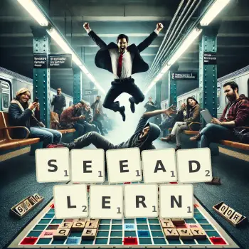 Kreative Illustration für ein Scrabble-Spiel, bei dem das Wort SEEADLERN mit Steinen auf dem Brett gelegt wurde.