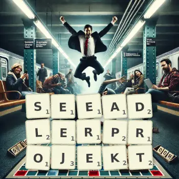 Kreative Illustration für ein Scrabble-Spiel, bei dem das Wort SEEADLERPROJEKT mit Steinen auf dem Brett gelegt wurde.