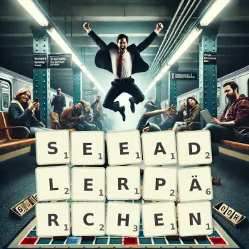 Kreative Illustration für ein Scrabble-Spiel, bei dem das Wort SEEADLERPÄRCHEN mit Steinen auf dem Brett gelegt wurde.