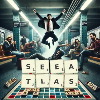 Kreative Illustration für ein Scrabble-Spiel, bei dem das Wort SEEATLAS mit Steinen auf dem Brett gelegt wurde.