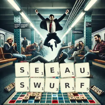 Kreative Illustration für ein Scrabble-Spiel, bei dem das Wort SEEAUSWURF mit Steinen auf dem Brett gelegt wurde.