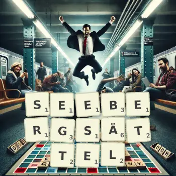 Kreative Illustration für ein Scrabble-Spiel, bei dem das Wort SEEBERGSÄTTEL mit Steinen auf dem Brett gelegt wurde.