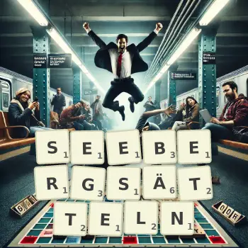 Kreative Illustration für ein Scrabble-Spiel, bei dem das Wort SEEBERGSÄTTELN mit Steinen auf dem Brett gelegt wurde.