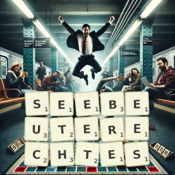 Kreative Illustration für ein Scrabble-Spiel, bei dem das Wort SEEBEUTERECHTES mit Steinen auf dem Brett gelegt wurde.