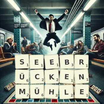 Kreative Illustration für ein Scrabble-Spiel, bei dem das Wort SEEBRÜCKENMÜHLE mit Steinen auf dem Brett gelegt wurde.