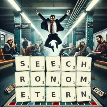 Kreative Illustration für ein Scrabble-Spiel, bei dem das Wort SEECHRONOMETERN mit Steinen auf dem Brett gelegt wurde.