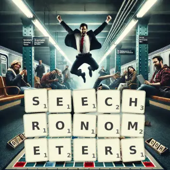 Kreative Illustration für ein Scrabble-Spiel, bei dem das Wort SEECHRONOMETERS mit Steinen auf dem Brett gelegt wurde.