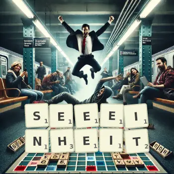 Kreative Illustration für ein Scrabble-Spiel, bei dem das Wort SEEEINHEIT mit Steinen auf dem Brett gelegt wurde.