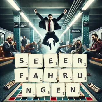 Kreative Illustration für ein Scrabble-Spiel, bei dem das Wort SEEERFAHRUNGEN mit Steinen auf dem Brett gelegt wurde.