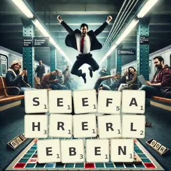 Kreative Illustration für ein Scrabble-Spiel, bei dem das Wort SEEFAHRERLEBEN mit Steinen auf dem Brett gelegt wurde.