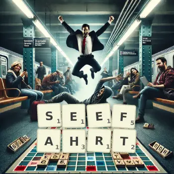 Kreative Illustration für ein Scrabble-Spiel, bei dem das Wort SEEFAHRT mit Steinen auf dem Brett gelegt wurde.