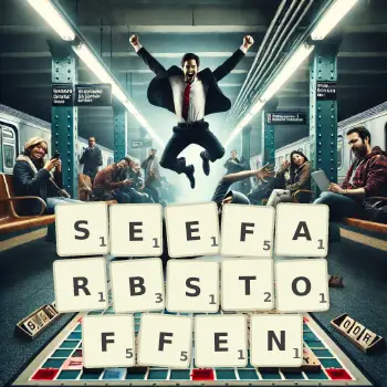 Kreative Illustration für ein Scrabble-Spiel, bei dem das Wort SEEFARBSTOFFEN mit Steinen auf dem Brett gelegt wurde.