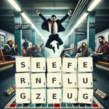 Kreative Illustration für ein Scrabble-Spiel, bei dem das Wort SEEFERNFLUGZEUG mit Steinen auf dem Brett gelegt wurde.
