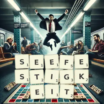 Kreative Illustration für ein Scrabble-Spiel, bei dem das Wort SEEFESTIGKEIT mit Steinen auf dem Brett gelegt wurde.