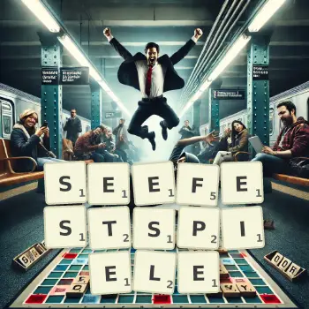 Kreative Illustration für ein Scrabble-Spiel, bei dem das Wort SEEFESTSPIELE mit Steinen auf dem Brett gelegt wurde.