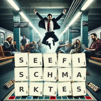 Kreative Illustration für ein Scrabble-Spiel, bei dem das Wort SEEFISCHMARKTES mit Steinen auf dem Brett gelegt wurde.