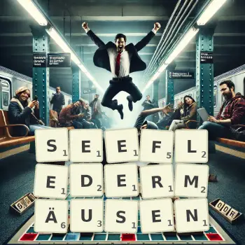 Kreative Illustration für ein Scrabble-Spiel, bei dem das Wort SEEFLEDERMÄUSEN mit Steinen auf dem Brett gelegt wurde.