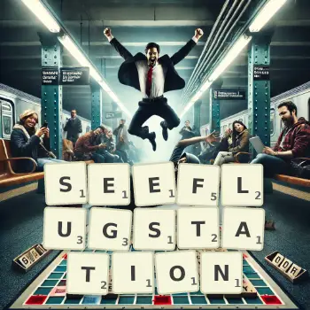 Kreative Illustration für ein Scrabble-Spiel, bei dem das Wort SEEFLUGSTATION mit Steinen auf dem Brett gelegt wurde.