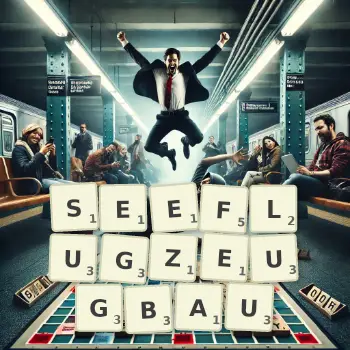 Kreative Illustration für ein Scrabble-Spiel, bei dem das Wort SEEFLUGZEUGBAU mit Steinen auf dem Brett gelegt wurde.