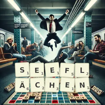Kreative Illustration für ein Scrabble-Spiel, bei dem das Wort SEEFLÄCHEN mit Steinen auf dem Brett gelegt wurde.