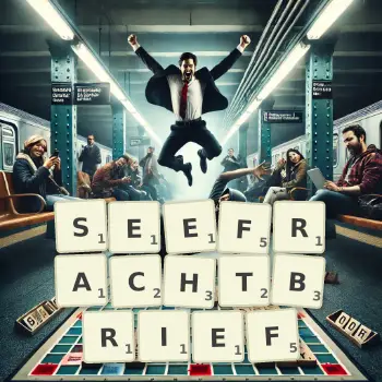 Kreative Illustration für ein Scrabble-Spiel, bei dem das Wort SEEFRACHTBRIEF mit Steinen auf dem Brett gelegt wurde.