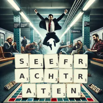 Kreative Illustration für ein Scrabble-Spiel, bei dem das Wort SEEFRACHTRATEN mit Steinen auf dem Brett gelegt wurde.