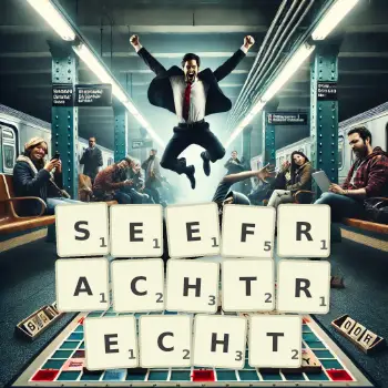 Kreative Illustration für ein Scrabble-Spiel, bei dem das Wort SEEFRACHTRECHT mit Steinen auf dem Brett gelegt wurde.